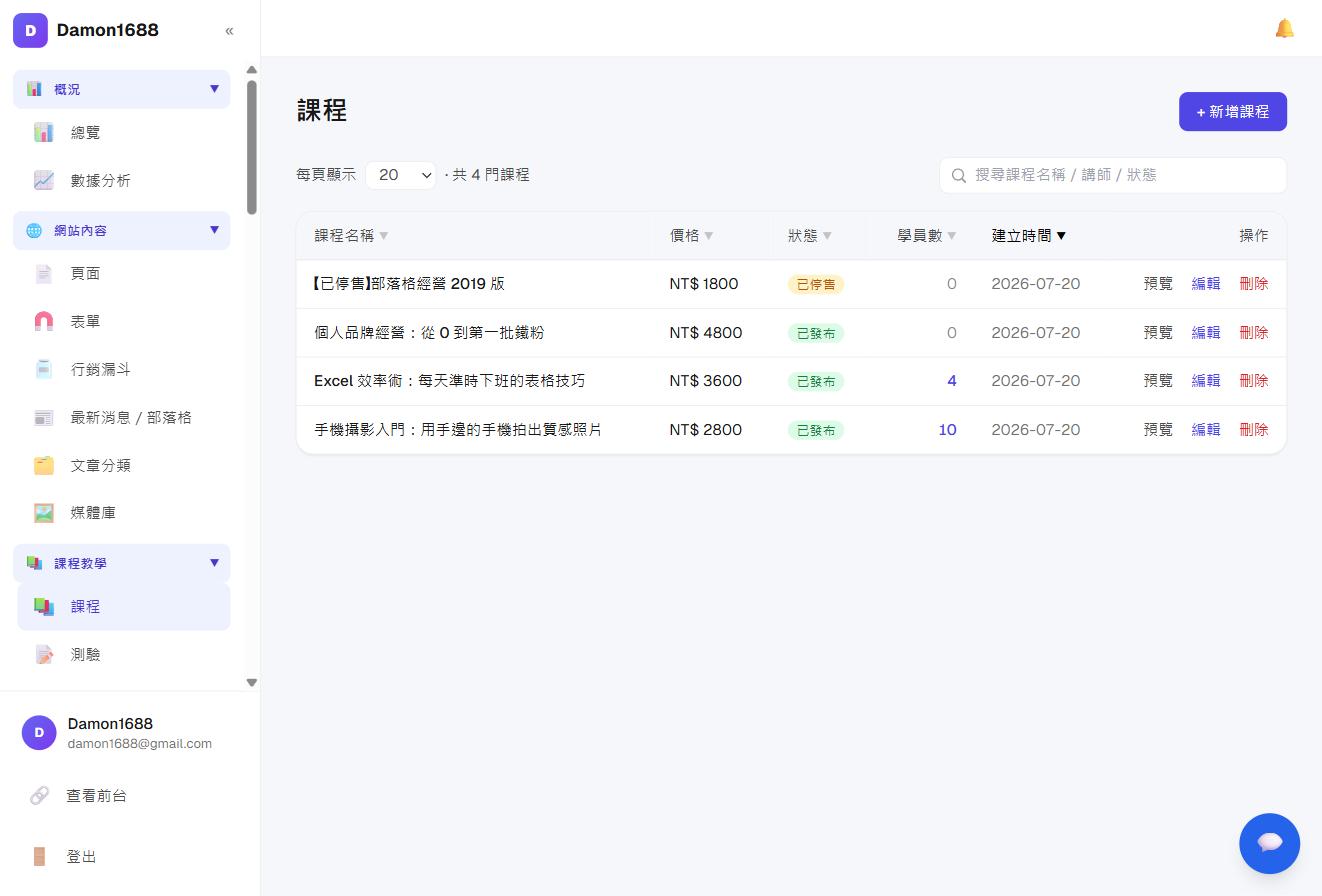 課程列表:可看到每門課的狀態、價格與學員數